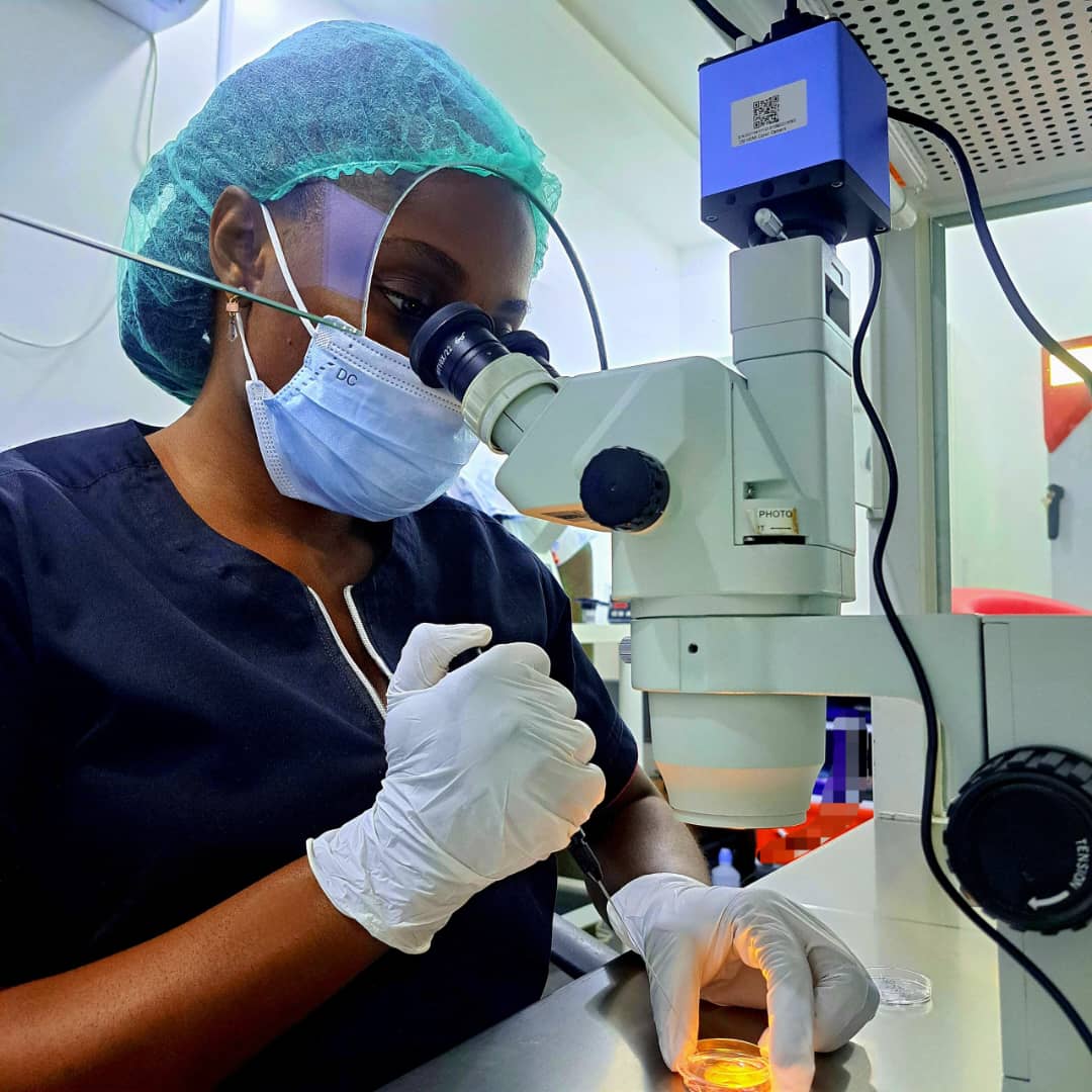 Nurse examining through microscope